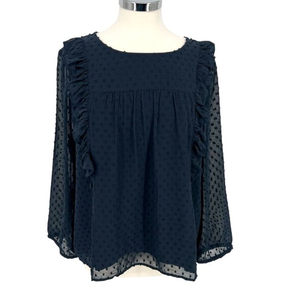 J.Crew Swiss Dot Ruffle Trim Long Sleeve Blouse Navy Blue Size 16 - Picture 3 of 11